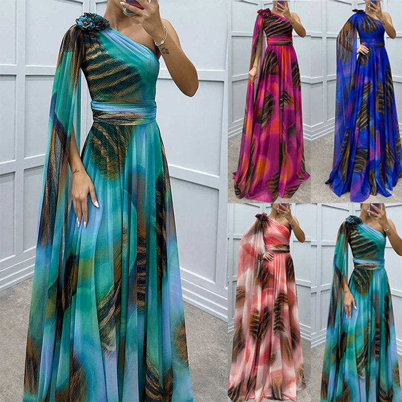 ✨【Vrăjitor de slăbire】Rochie Elegantă Imprimată Pe Un Umăr✨ | Cusătura Diagonală Iluzie | Mâneci fluture care acoperă brațele | Fermoar la spate pentru potrivire perfectă