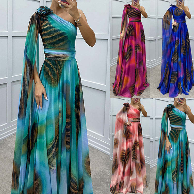 ✨【Vrăjitor de slăbire】Rochie Elegantă Imprimată Pe Un Umăr✨ | Cusătura Diagonală Iluzie | Mâneci fluture care acoperă brațele | Fermoar la spate pentru potrivire perfectă