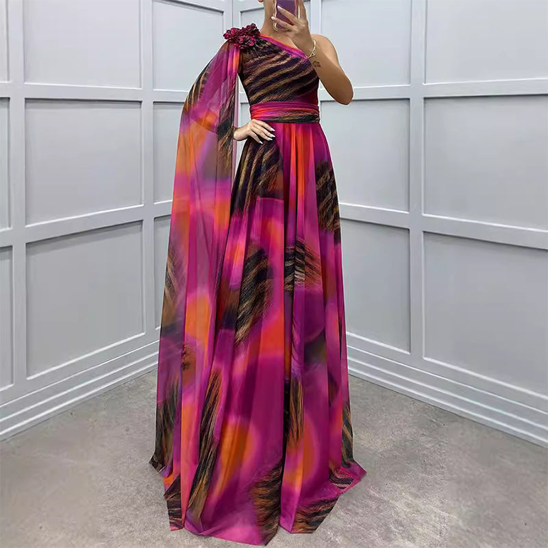 ✨【Vrăjitor de slăbire】Rochie Elegantă Imprimată Pe Un Umăr✨ | Cusătura Diagonală Iluzie | Mâneci fluture care acoperă brațele | Fermoar la spate pentru potrivire perfectă