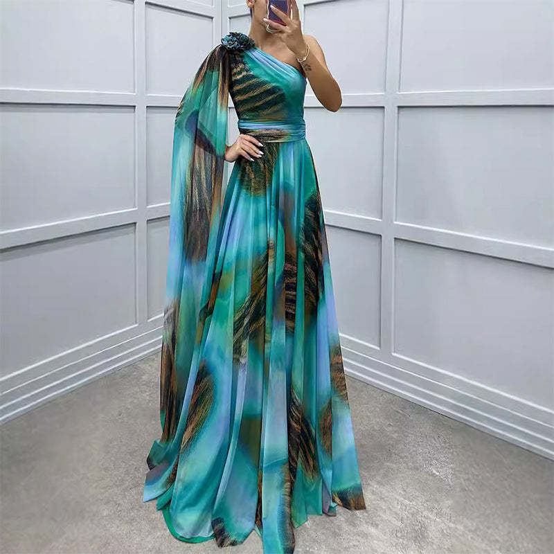 ✨【Vrăjitor de slăbire】Rochie Elegantă Imprimată Pe Un Umăr✨ | Cusătura Diagonală Iluzie | Mâneci fluture care acoperă brațele | Fermoar la spate pentru potrivire perfectă