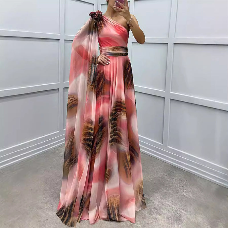 ✨【Vrăjitor de slăbire】Rochie Elegantă Imprimată Pe Un Umăr✨ | Cusătura Diagonală Iluzie | Mâneci fluture care acoperă brațele | Fermoar la spate pentru potrivire perfectă