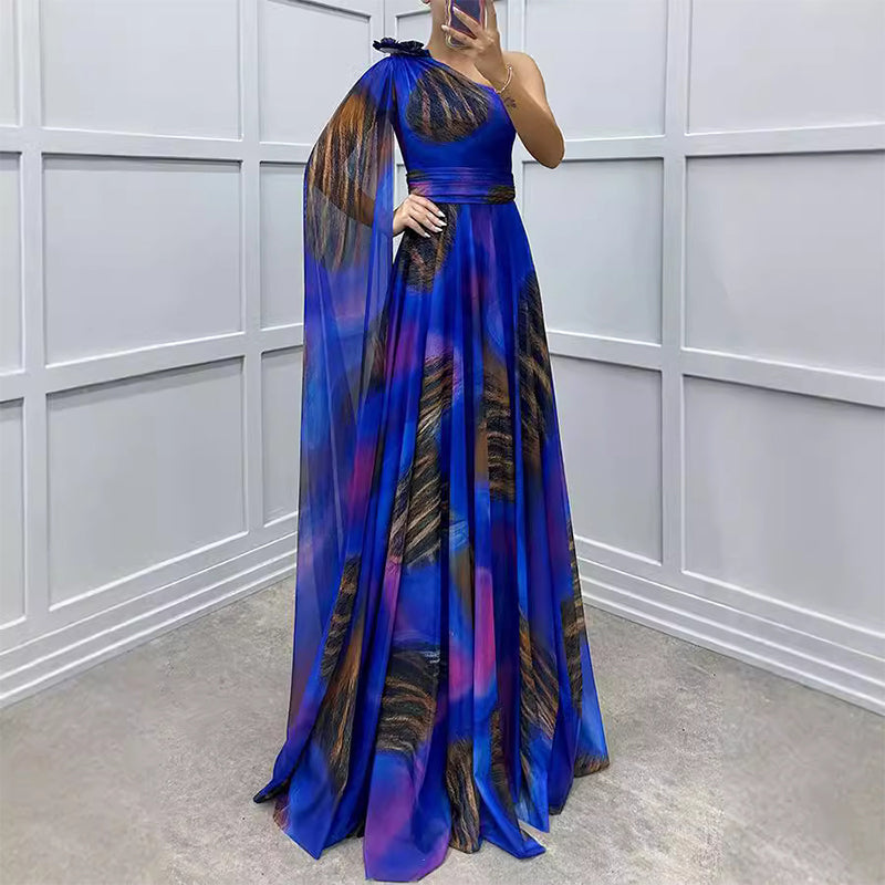 ✨【Vrăjitor de slăbire】Rochie Elegantă Imprimată Pe Un Umăr✨ | Cusătura Diagonală Iluzie | Mâneci fluture care acoperă brațele | Fermoar la spate pentru potrivire perfectă