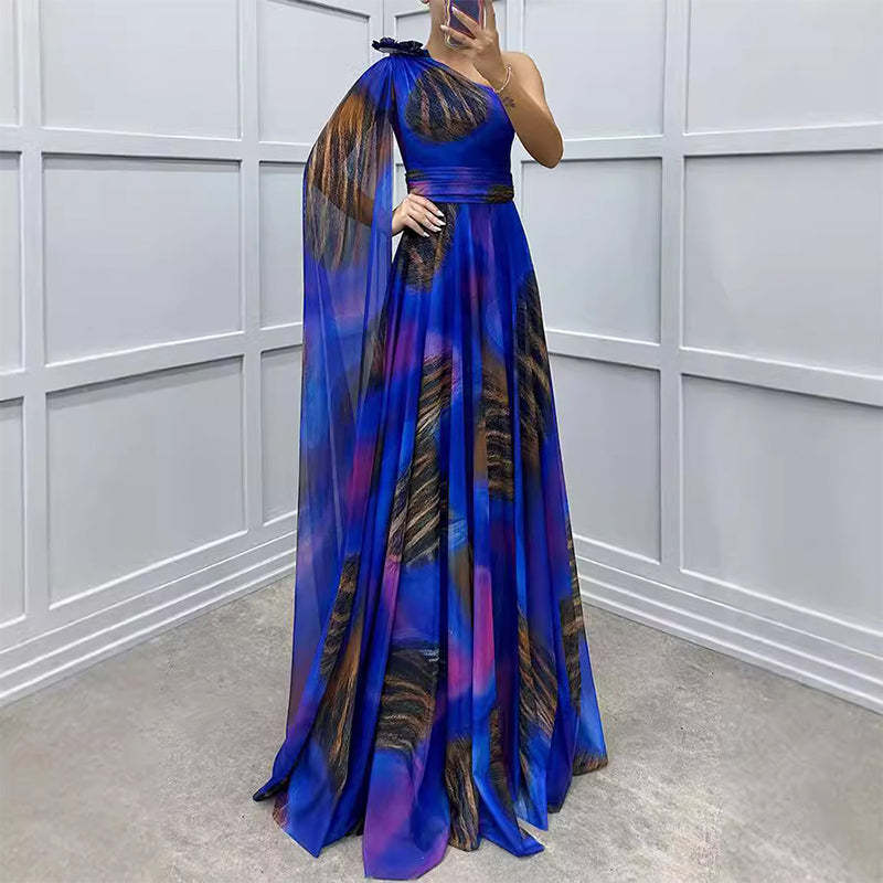 ✨【Vrăjitor de slăbire】Rochie Elegantă Imprimată Pe Un Umăr✨ | Cusătura Diagonală Iluzie | Mâneci fluture care acoperă brațele | Fermoar la spate pentru potrivire perfectă