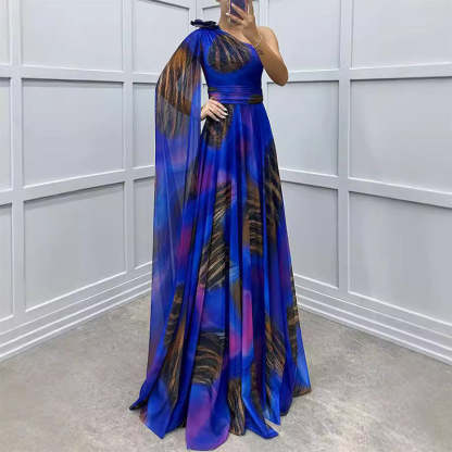 ✨【Vrăjitor de slăbire】Rochie Elegantă Imprimată Pe Un Umăr✨ | Cusătura Diagonală Iluzie | Mâneci fluture care acoperă brațele | Fermoar la spate pentru potrivire perfectă