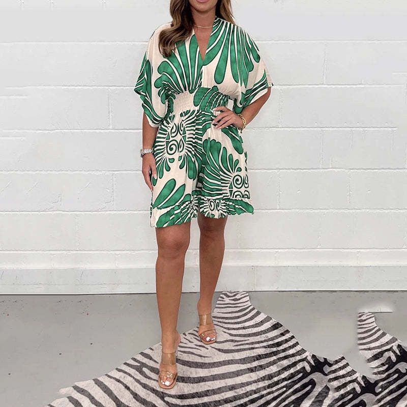 Women's Plant Printed Casual Short Jumpsuit