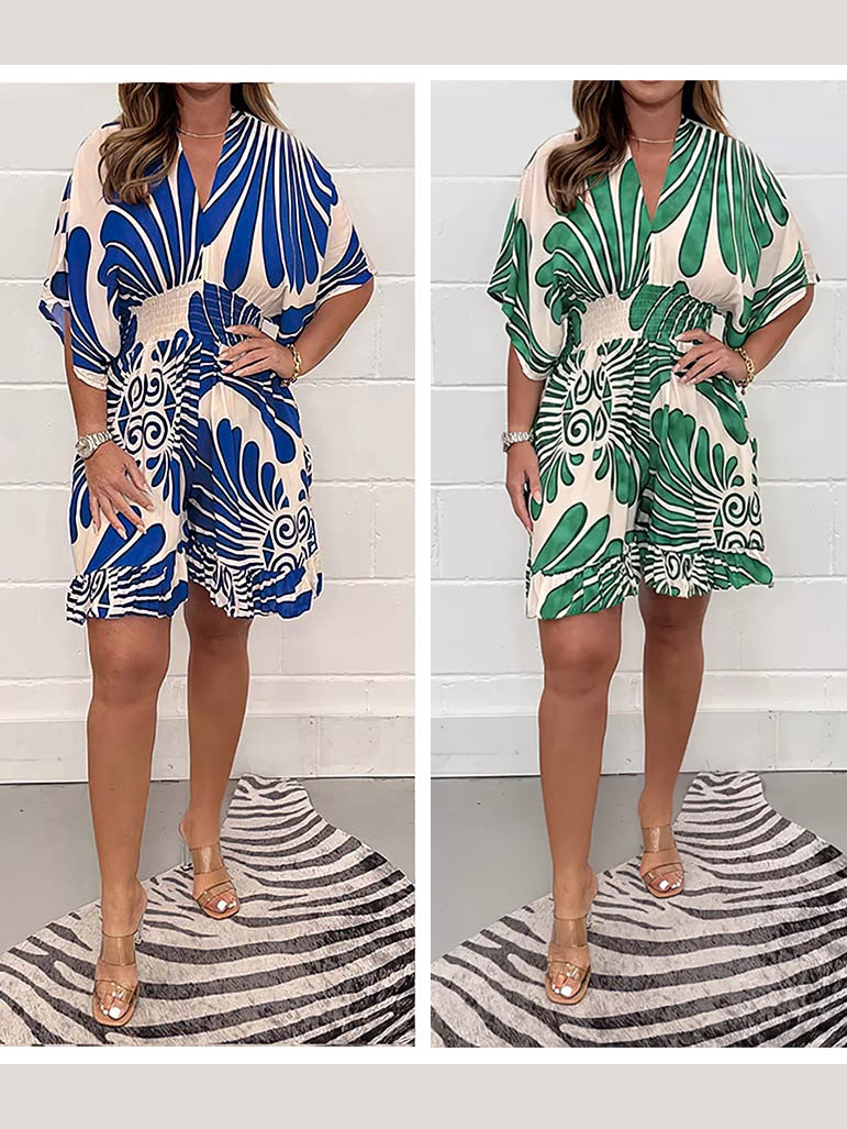 Women's Plant Printed Casual Short Jumpsuit