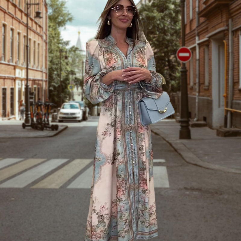 💗Summer Specials💗Elegant V-Neck High Waist Buttoned Floral Dress