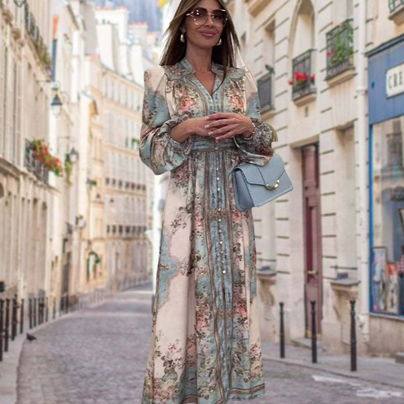 💗Summer Specials💗Elegant V-Neck High Waist Buttoned Floral Dress