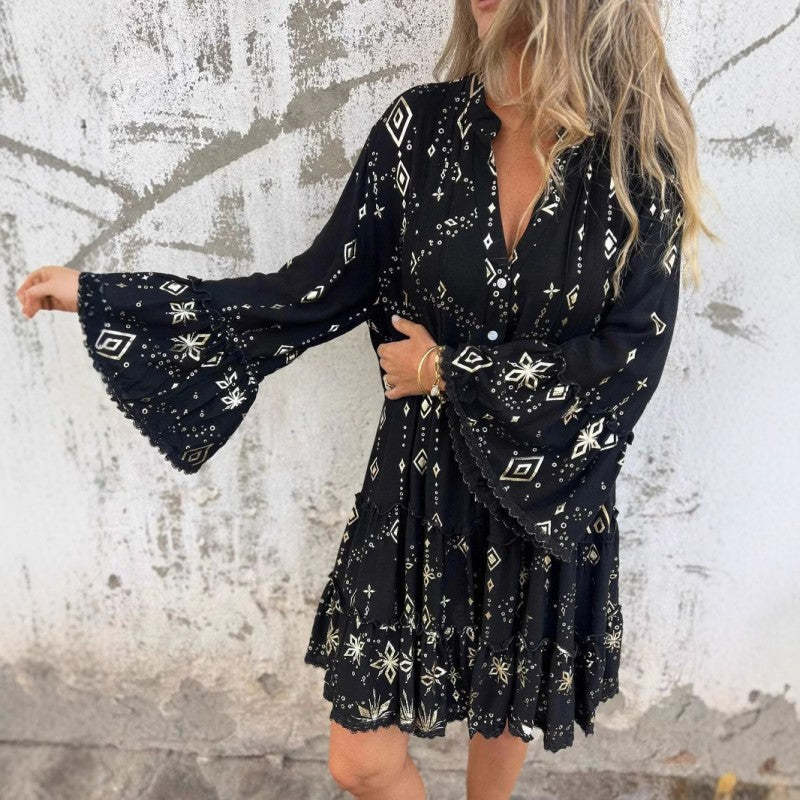 💖Big price reduction! 🔥💖Women's geometric pattern comfortable midi dress with V-neckline