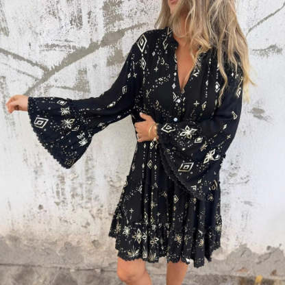 💖Big price reduction! 🔥💖Women's geometric pattern comfortable midi dress with V-neckline