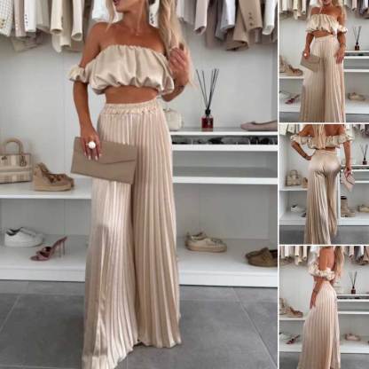 💖SALE 60% OFF💖Women’s Sexy Solid Color Top Wide Leg Pants Two Pieces Set