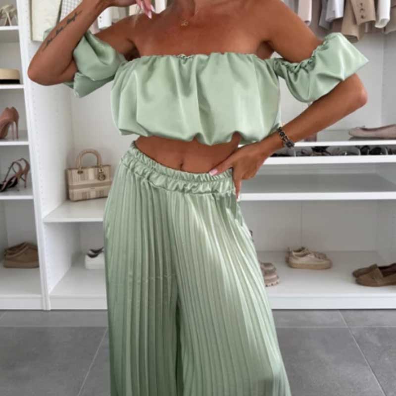 💖SALE 60% OFF💖Women’s Sexy Solid Color Top Wide Leg Pants Two Pieces