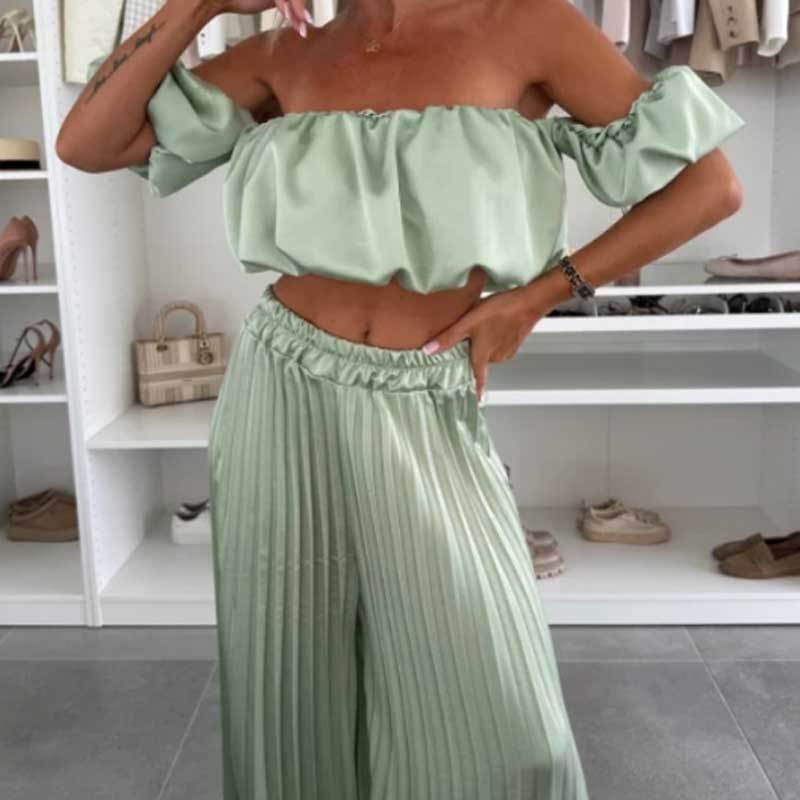 💖SALE 60% OFF💖Women’s Sexy Solid Color Top Wide Leg Pants Two Pieces Set