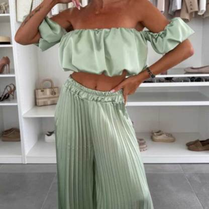 💖SALE 60% OFF💖Women’s Sexy Solid Color Top Wide Leg Pants Two Pieces Set