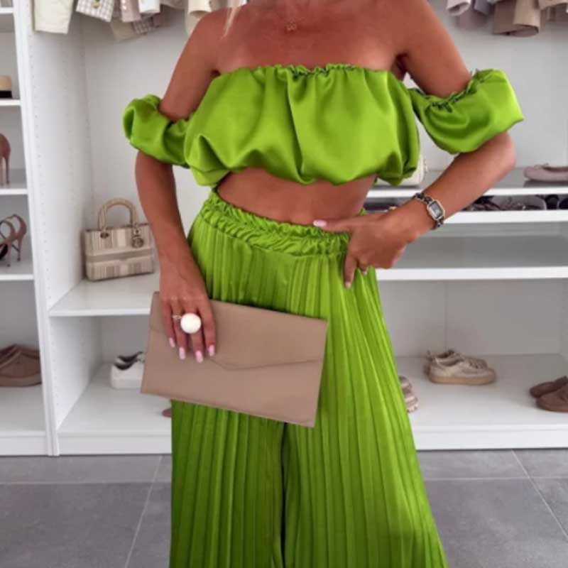 💖SALE 60% OFF💖Women’s Sexy Solid Color Top Wide Leg Pants Two Pieces