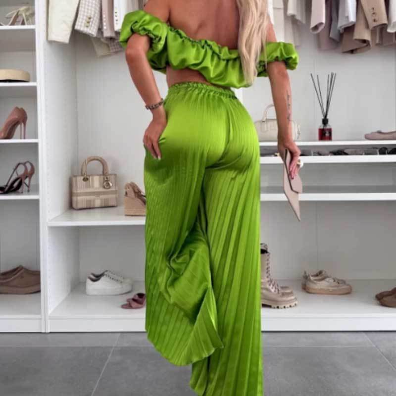 💖SALE 60% OFF💖Women’s Sexy Solid Color Top Wide Leg Pants Two Pieces Set