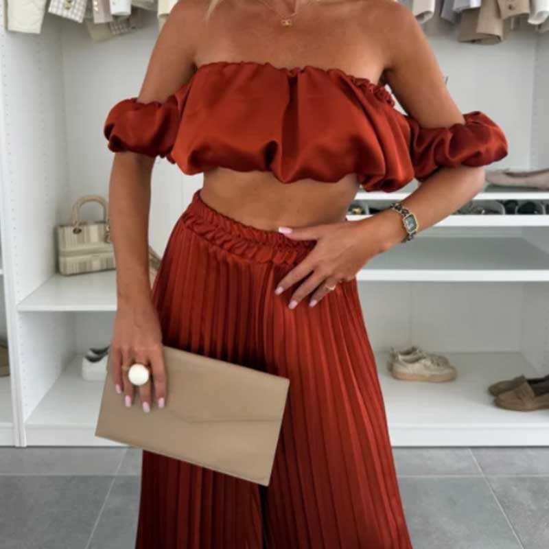 💖SALE 60% OFF💖Women’s Sexy Solid Color Top Wide Leg Pants Two Pieces