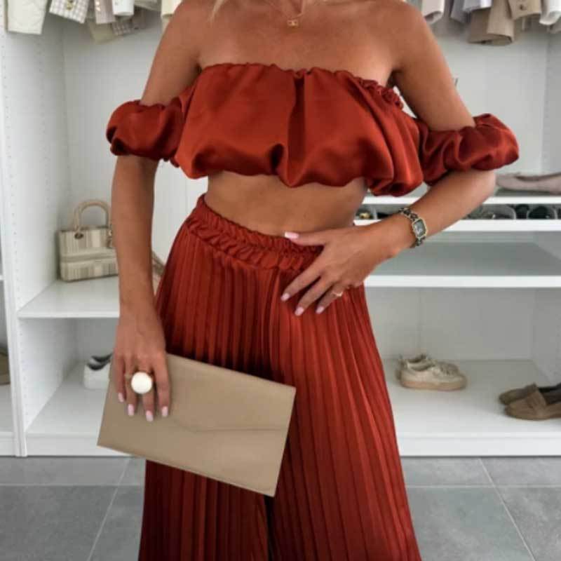 💖SALE 60% OFF💖Women’s Sexy Solid Color Top Wide Leg Pants Two Pieces Set
