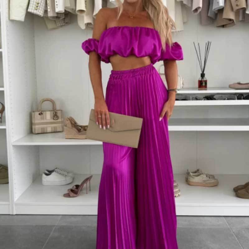 💖SALE 60% OFF💖Women’s Sexy Solid Color Top Wide Leg Pants Two Pieces Set