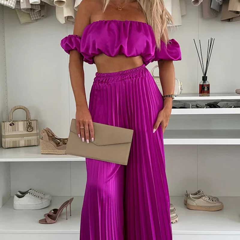 💖SALE 60% OFF💖Women’s Sexy Solid Color Top Wide Leg Pants Two Pieces Set