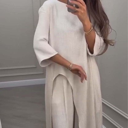  💃Limited Sale 57% OFF💕Solid color irregular top & wide leg pants 2-PCS set