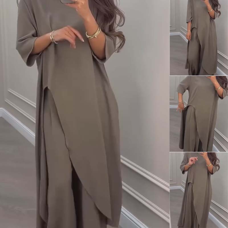  💃Limited Sale 57% OFF💕Solid color irregular top & wide leg pants 2-PCS set