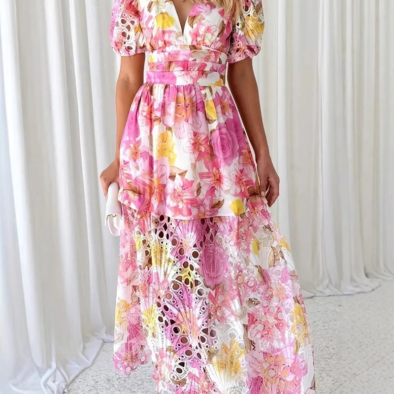 Women's dress with vibrant print, V-neck and openwork pattern