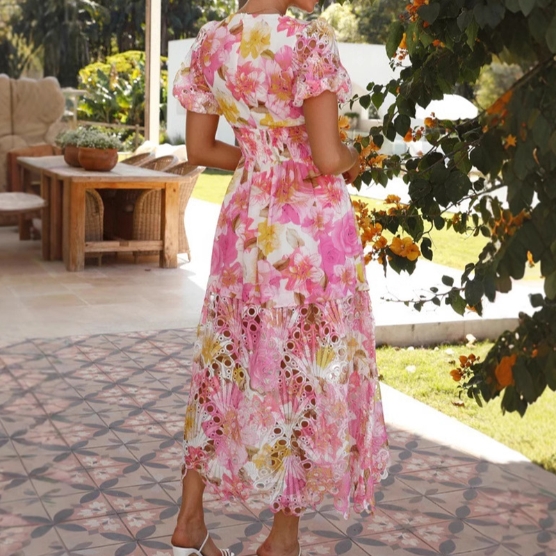 Women's dress with vibrant print, V-neck and openwork pattern