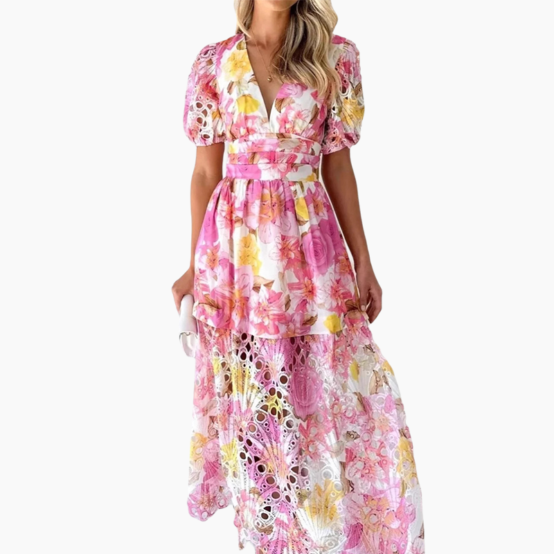 Women's dress with vibrant print, V-neck and openwork pattern