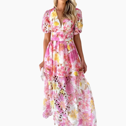 Women's dress with vibrant print, V-neck and openwork pattern