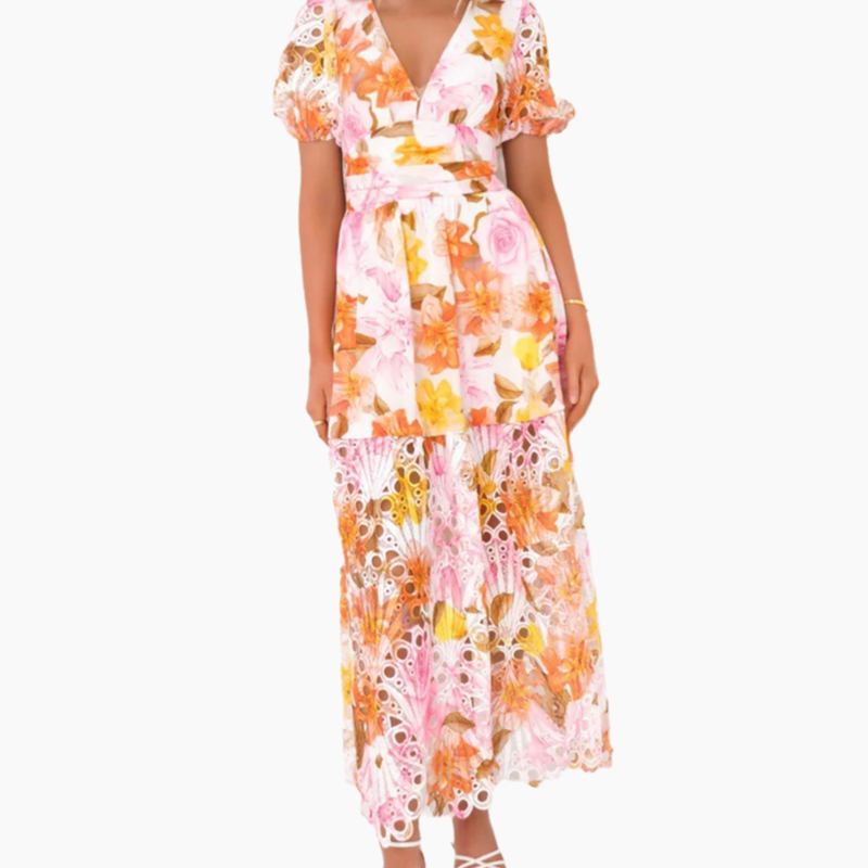 Women's dress with vibrant print, V-neck and openwork pattern