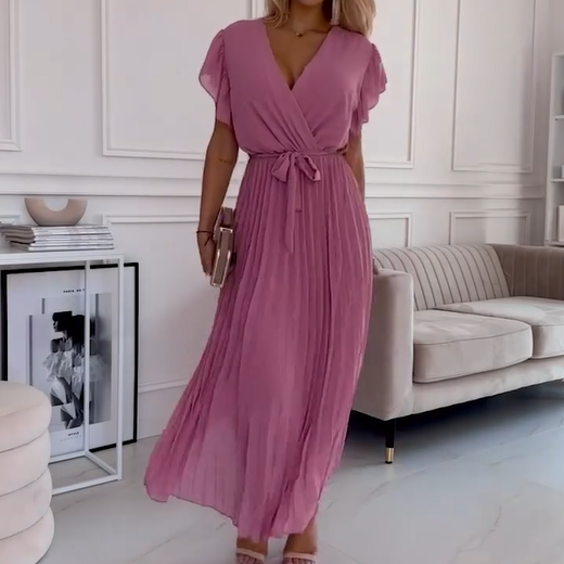  Women's solid-colored flowing pleated V-neck dress