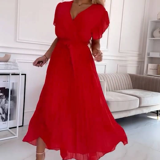  Women's solid-colored flowing pleated V-neck dress