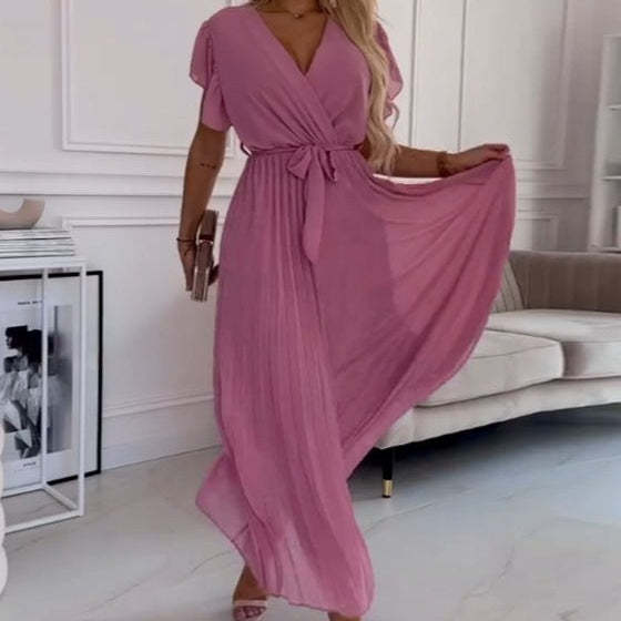 Women's solid-colored flowing pleated V-neck dress