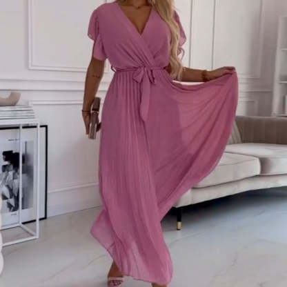  Women's solid-colored flowing pleated V-neck dress
