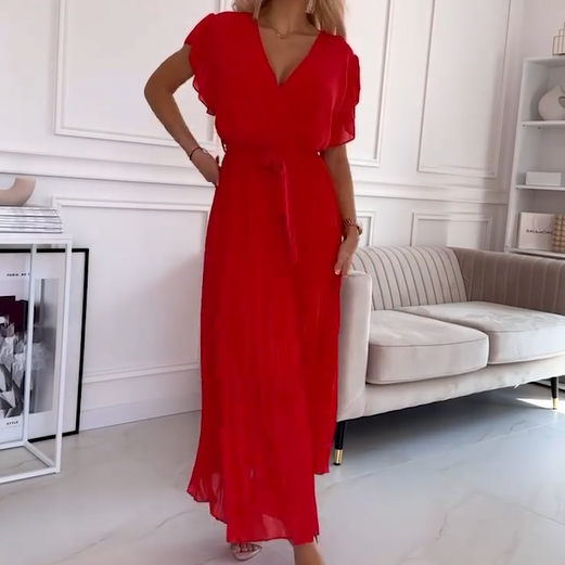  Women's solid-colored flowing pleated V-neck dress