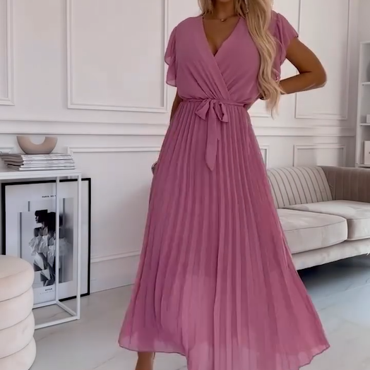  Women's solid-colored flowing pleated V-neck dress
