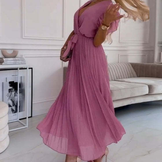 Women's solid-colored flowing pleated V-neck dress