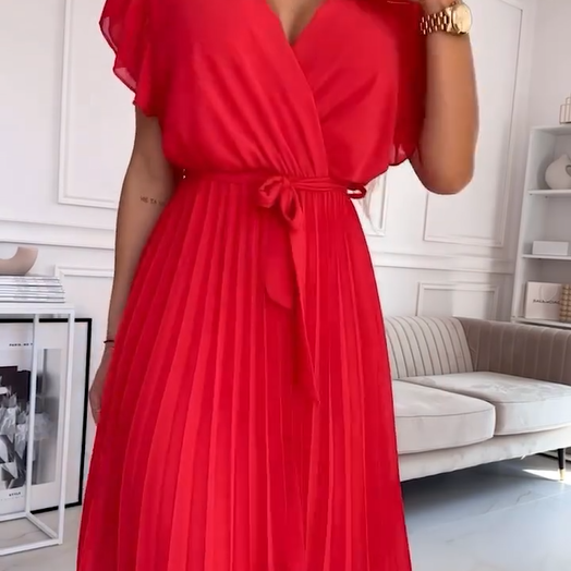  Women's solid-colored flowing pleated V-neck dress
