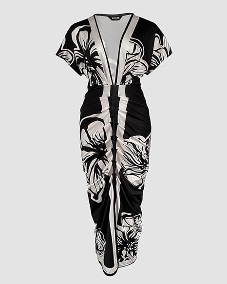 CHICME Summer Dresses for Women Floral Print Plunge V Neck Midi Dress 
