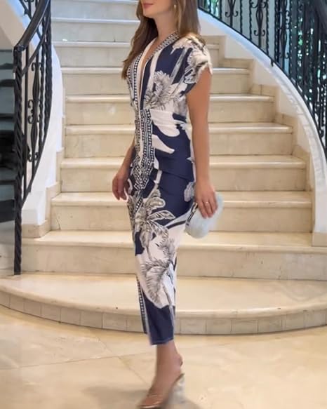 Summer Dresses for Women Floral Print Plunge V Neck