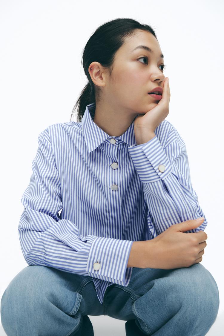 STRIPED POPLIN SHIRT WITH CONTRASTING BUTTONS