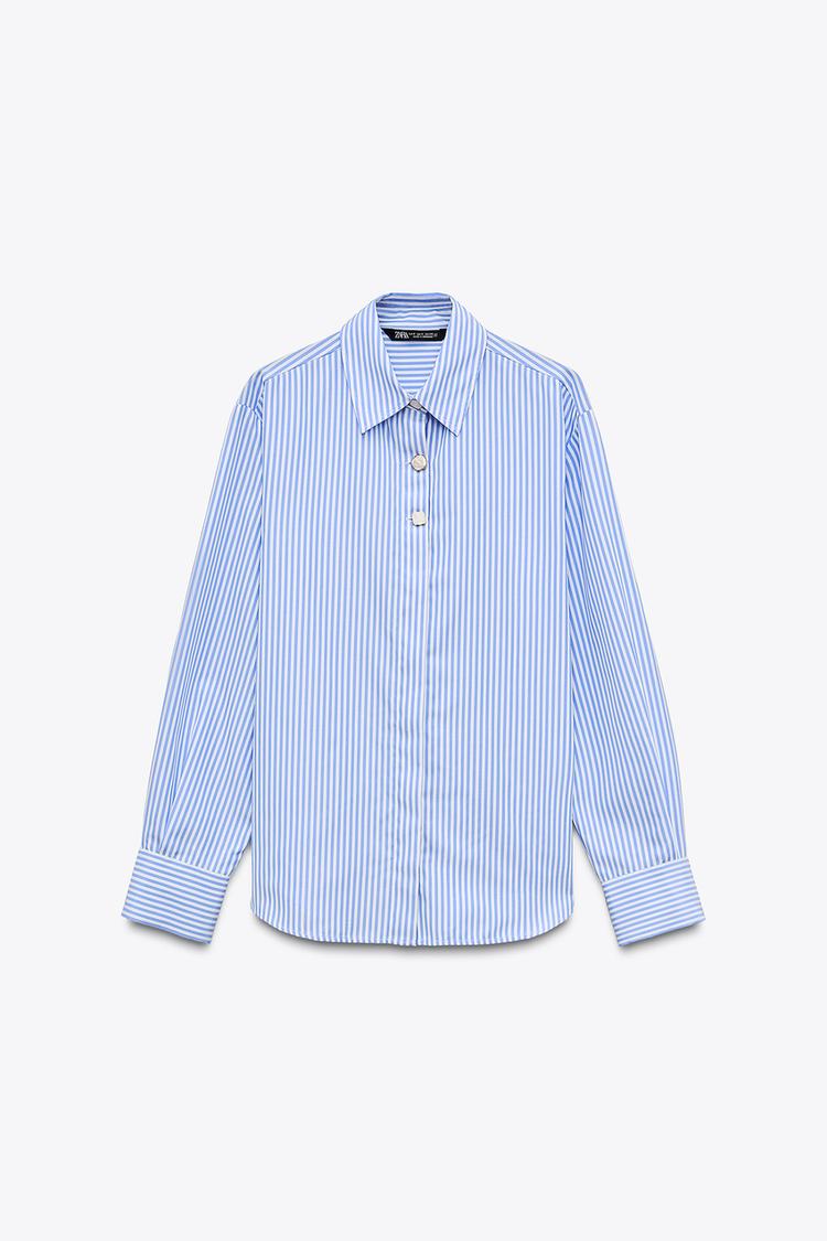 STRIPED POPLIN SHIRT WITH CONTRASTING BUTTONS