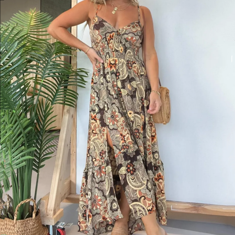 💕Women's sexy spaghetti strap floral print long dress