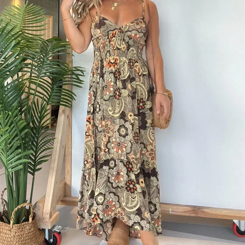 💕Women's sexy spaghetti strap floral print long dress