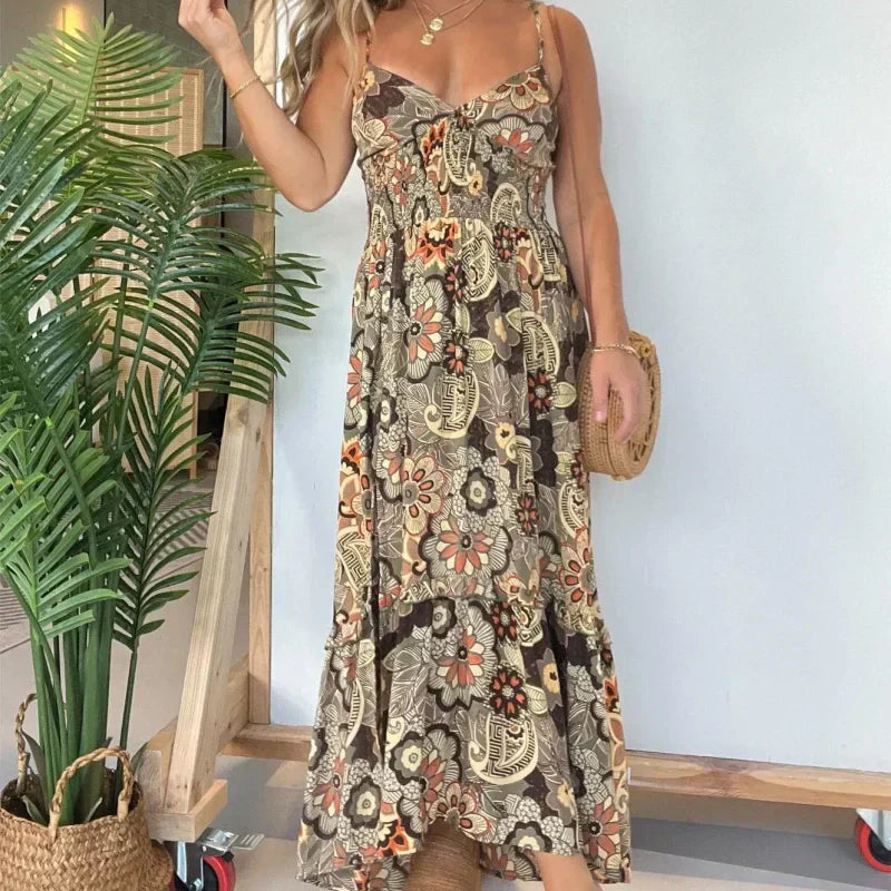 💕Women's sexy spaghetti strap floral print long dress