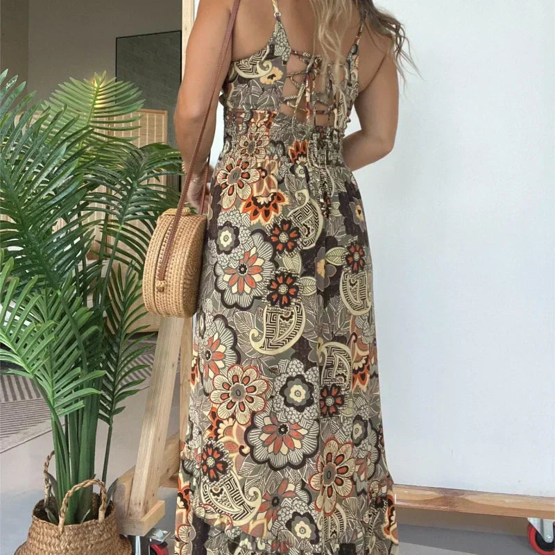 💕Women's sexy spaghetti strap floral print long dress
