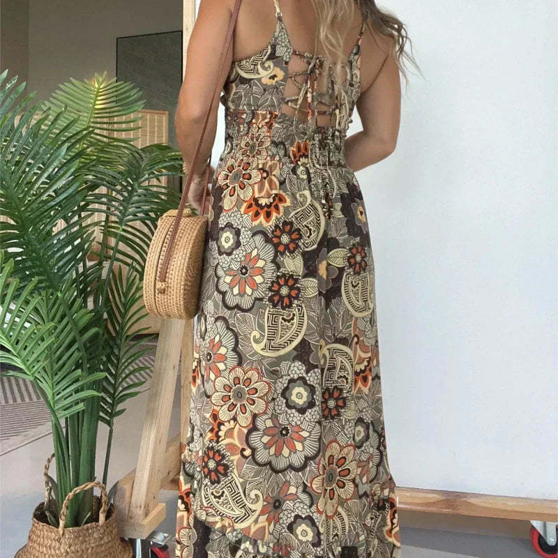 💕Women's sexy spaghetti strap floral print long dress
