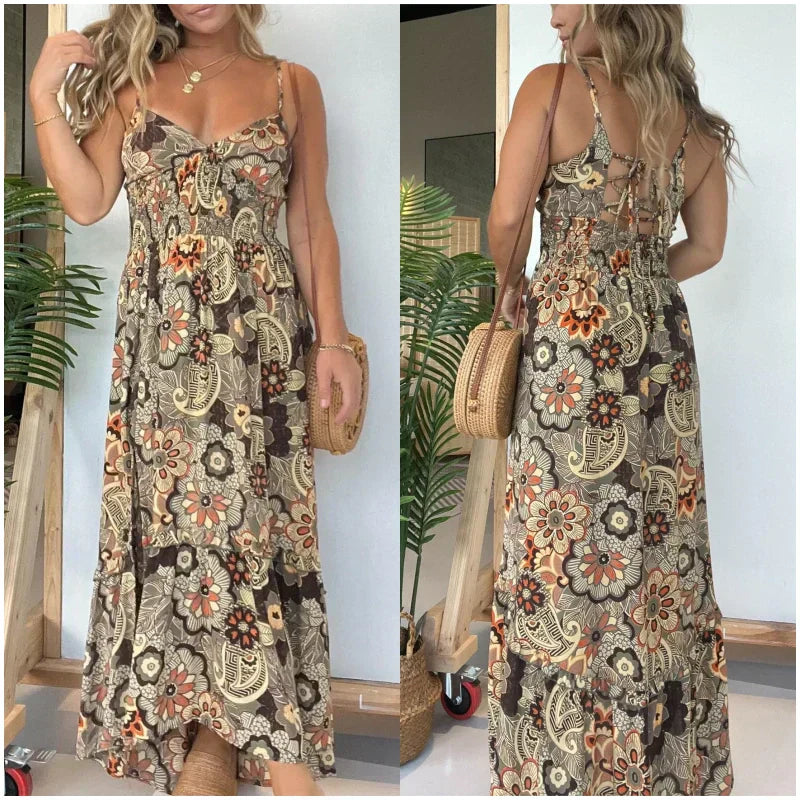 💕Women's sexy spaghetti strap floral print long dress