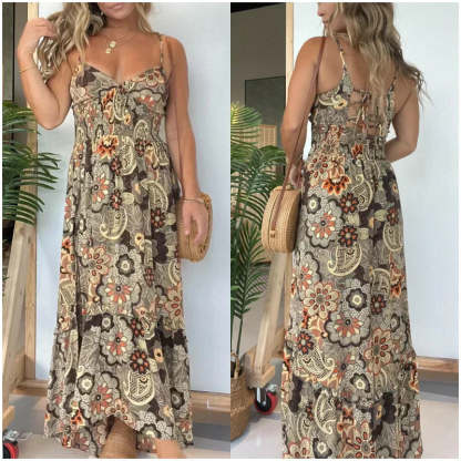 💕Women's sexy spaghetti strap floral print long dress